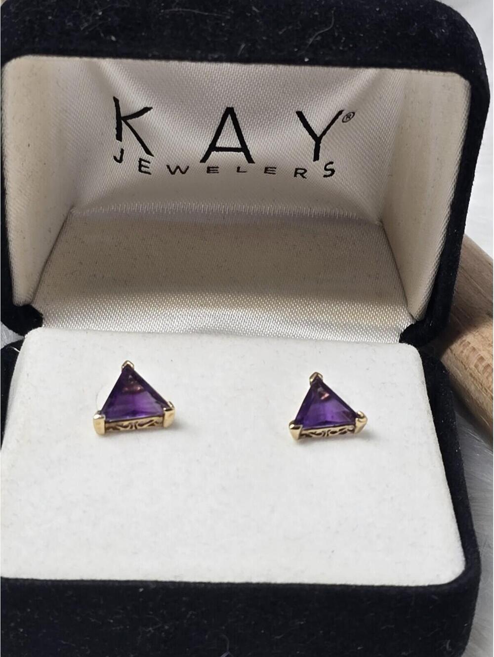 Kay Jewelers 14K Gold Trillion Amethyst Stud Earrings New